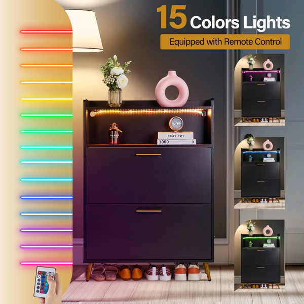 FCH Double Door 6-Layer Shoe Cabinet with High Foot LED Lights Particle Board 80*38*90cm Black