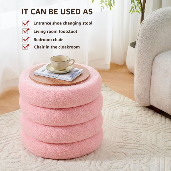 Round Storage Ottoman, Modern Sherpa Footstool, Teddy Vanity Stool with Flip-Top Tray, Makeup Chair for Home Decor, Upholstered Footrest for Living Room & Bedroom (Pink)