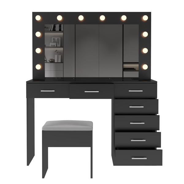 Vanity Desk Set with Large Lighted Mirror and Powre Outlet, Glass Top Makeup Vanity with 7 Drawers, Vanity Table with 12 LED Lights, 3 Lighting Color Adjustable, Black