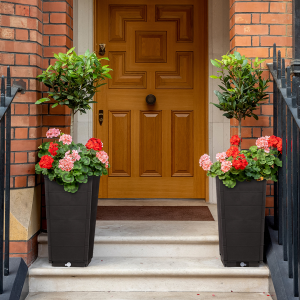 2 Pack Outdoor Tall Plastic Planter Set, Large Flower Pots with Drainage Holes, Durable Plant Pots for Porch Entryway Patio Yard Garden, Dark Brown