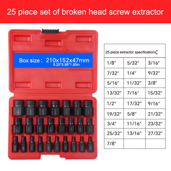 25 Piece Steel Durable Screw Extractor Kit, Easy To Remove Damaged Bolts and Screws - Extractor Removal Tool