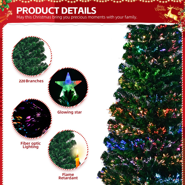 6 FT Pre-lit Christmas Tree, Artificial Fiber Optic Christmas Tree with Lighted Top Star and 220 Branch Tips, Holiday Xmas Decoration Tree for Home Office Store Party, Green