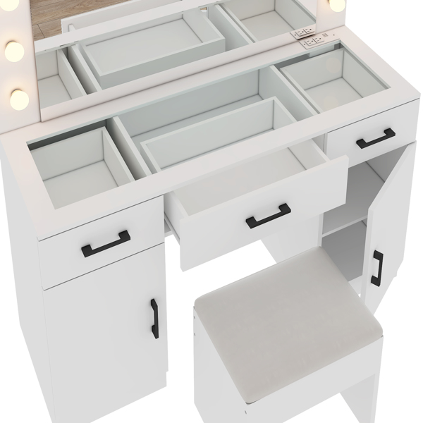 Vanity Desk Set with Large Lighted Mirror and Powre Outlet, Glass Top Makeup Vanity with 3 Drawers and 2 Cabinets, Vanity Table with 12 LED Lights, 3 Lighting Color Adjustable, White