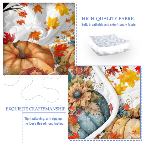 3 Pieces Colorful Oil Painting Pumpkin Pattern Quilt Set King Size for All Seasons Flower Fall Leaves Bedding Set with 2 Pillowcases for Kids Adults Thanksgiving Day Gifts