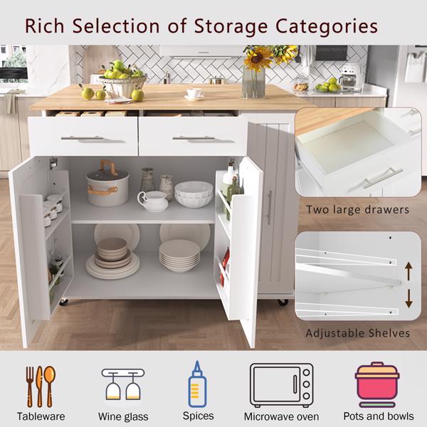 Kitchen Island with Drop Leaf, Kitchen Storage Cart with 3 Tier Pull Out Cabinet Organizer, Internal Storage Rack, Rolling Kitchen Cart on Wheels with Towel Rack, 2 Drawers, for Kitchen, White