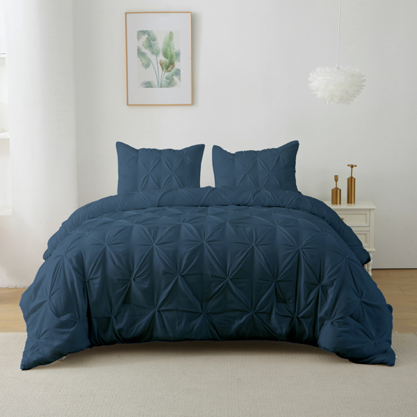 King Comforter Set, 3 Pieces Pintuck Bedding Set with 1 Down Alternative Comforter and 2 Pillow Shams, Navy