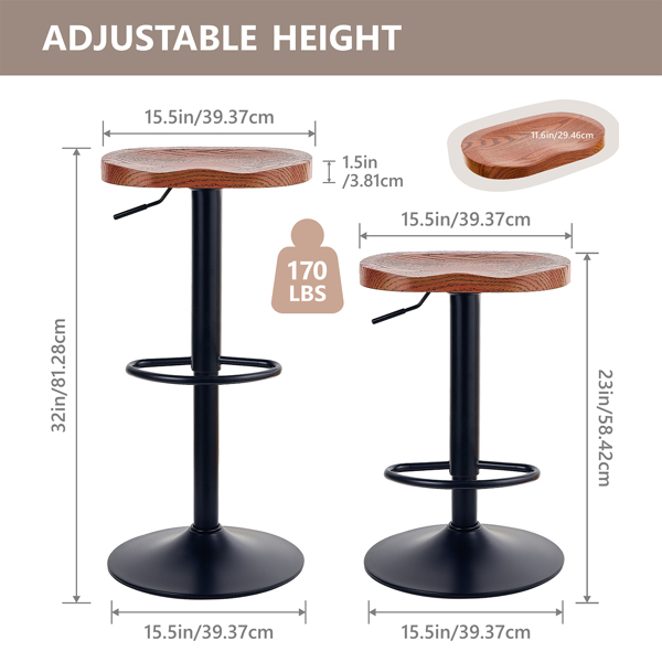 Moderne Barhocker, drehbar, höhenverstellbar, Barhocker, Thekenhöhe,rückenfrei,hydraulischer Barhocker mit Holzplatte, Barhocker für Küche,Insel,Bar (Dunkelbraun+Schwarz, 2 Pcs)