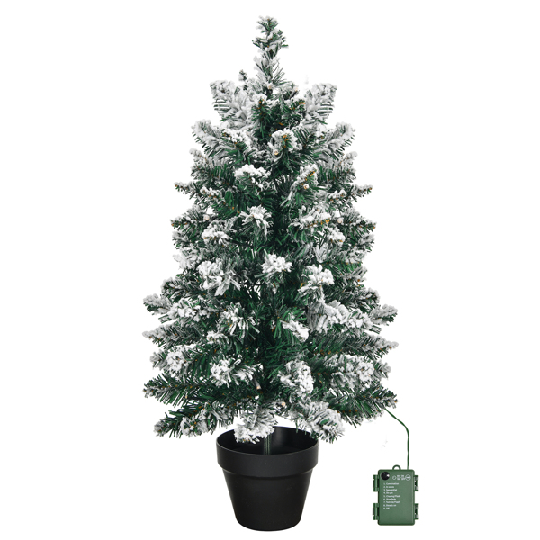 2 FT Snow Flocked Pre-lit Artificial Mini Christmas Tree, Small Tabletop Xmas Tree with Pot Base and 30 Warm Lights Battery Operated for Home Office Store Holiday Deco, Snowy Green