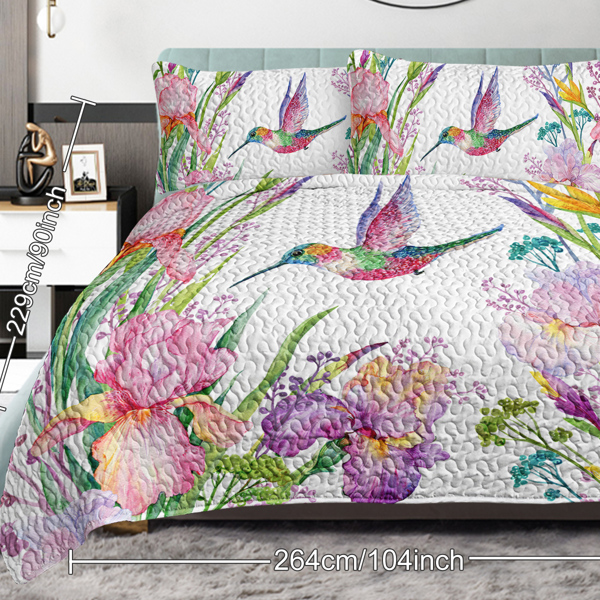 Colorful Bird Flower Design Quilt Set 3 Pieces Queen Size Soft Warm Bedding Set Include 1 Quilt And 2 Pillowcases for Home Bedroom Decor