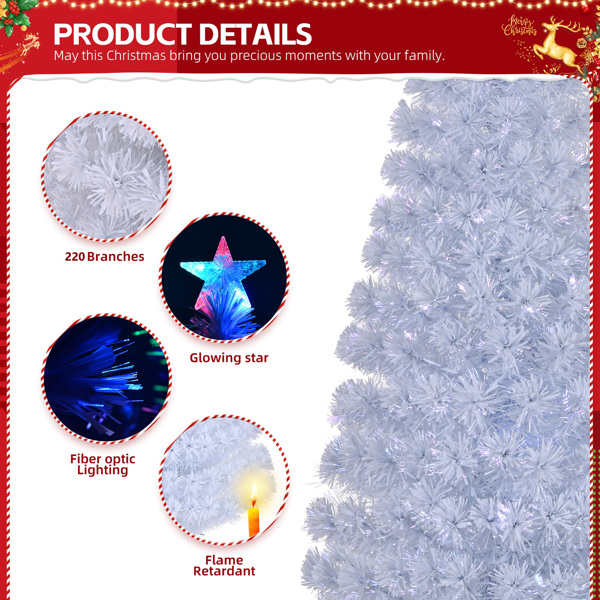 6 FT Pre-lit Christmas Tree, Artificial Fiber Optic Christmas Tree with Lighted Top Star and 220 Branch Tips, Holiday Xmas Decoration Tree for Home Office Store Party, White