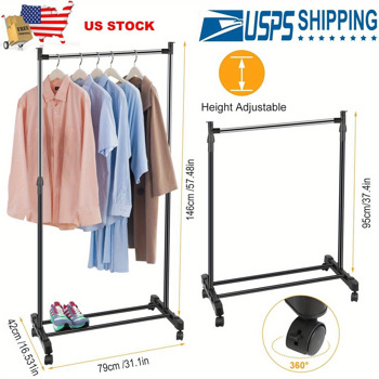 Adjustable Height Rolling Metal Clothes Rack Chrome 30 lbs