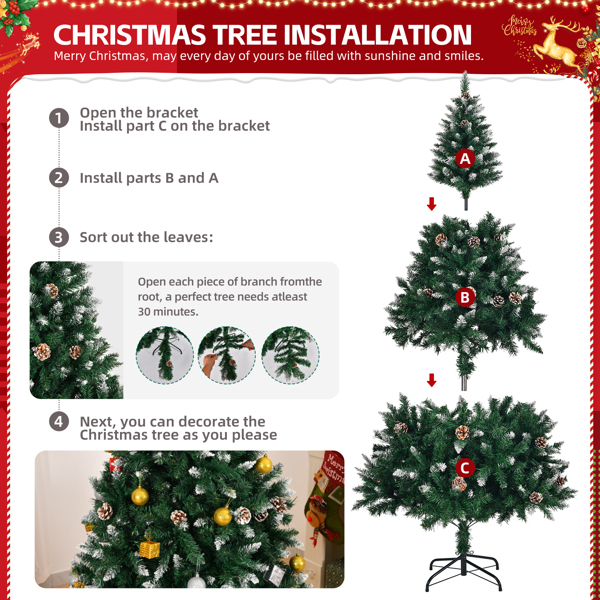 6 FT Artificial Snow Tipped Christmas Tree with Pine Cones, Unlit Christmas Pine Tree with 800 Branch Tips and Sturdy Metal Stand for Office Home Store Party Holiday Decor, Green & Snow Tipped