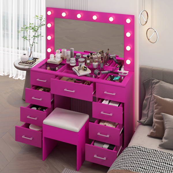 Vanity Desk Set with Large Lighted Mirror and Powre Outlet, Glass Top Makeup Vanity with 9 Drawers, Vanity Table with 12 LED Lights, 3 Lighting Color Adjustable, Pink