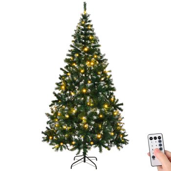 7 FT Snow Tipped Artificial Christmas Tree with DIY 150 Warm Lights, Remote Control, 1100 Branch Tips and Sturdy Metal Stand, Green & Snow Tipped