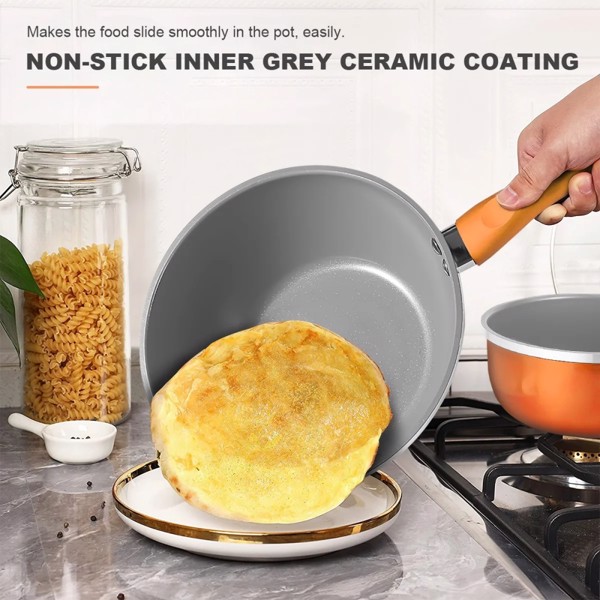  Kitchen Cookware Set, 6 PCS Nonstick Pot and Pan Set-Wok, Soup, Milk Pot Set Orange