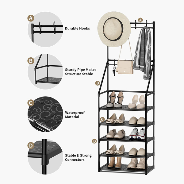 5-layer shoe rack, suitable for entrances, narrow shoe racks, jackets, and shoe racks, with 8 hooks