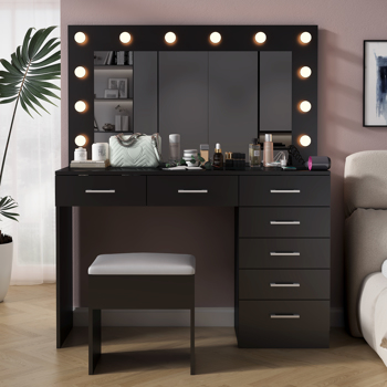 Vanity Desk Set with Large Lighted Mirror and Powre Outlet, Glass Top Makeup Vanity with 7 Drawers, Vanity Table with 12 LED Lights, 3 Lighting Color Adjustable, Black