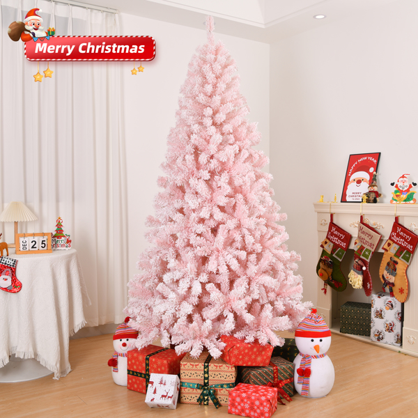 7 FT Snow Flocked Hinged Christmas Tree, Unlit Artificial Christmas Pine Tree with 1200 Branch Tips and Sturdy Metal Stand, Snowy Pink