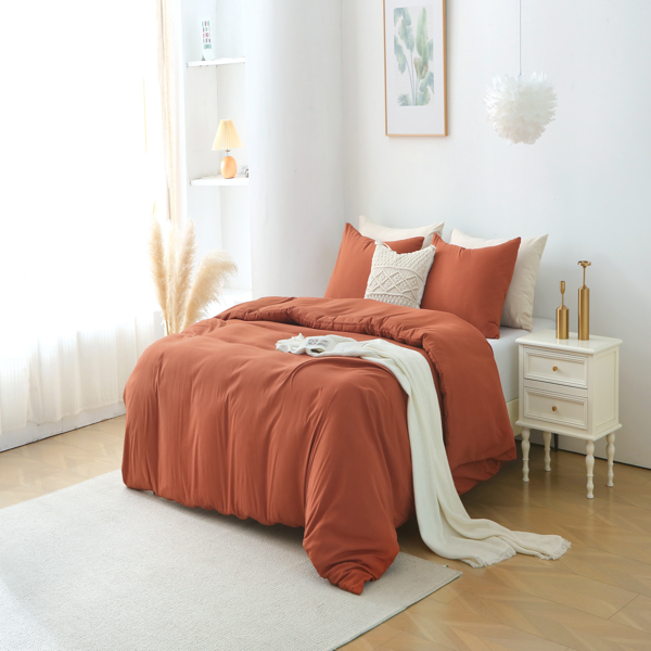 King Duvet Cover Set, 3 Pieces Solid Color Bedding Set with 1 Duvet Cover and 2 Pillow Shams, Comforter Not Included (King Size, Terracotta)