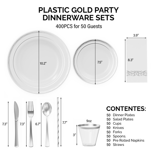 50 sets of flat plastic circular silver disposable tableware, including size plates, cups, knives, forks, tissues, straws