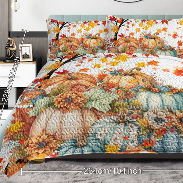 3 Pieces Colorful Oil Painting Pumpkin Pattern Quilt Set Twin Size for All Seasons Flower Fall Leaves Bedding Set with 2 Pillowcases for Kids Adults Thanksgiving Day Gifts