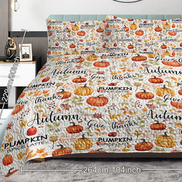 Pumpkin Autumn Leaves Design Quilt Set 3 Pieces King Size All Seasons Bedding Quilt Bed Set with 2 Pillowcases for Kids Teens Adults Bedroom Decor Thanksgiving