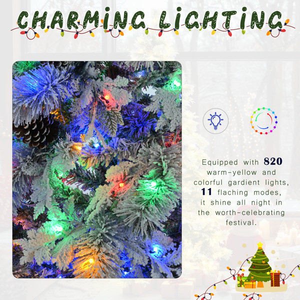 7.5FT Pre-Lit Spruce Snow Flocked Christmas Tree with Pine Cones, Artificial Xmas Tree with 745 Branch Tips,Mixed PE & PVC Branches, 450 Multi-Color LED Lights, 11 Flashing Modes, Holiday Decor