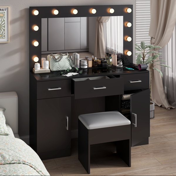 Vanity Desk Set with Large Lighted Mirror and Powre Outlet, Glass Top Makeup Vanity with 3 Drawers and 2 Cabinets, Vanity Table with 12 LED Lights, 3 Lighting Color Adjustable, Black