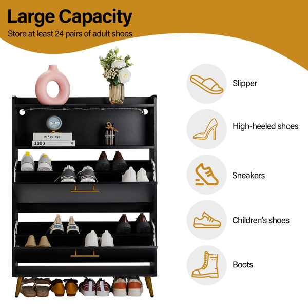 FCH Double Door 6-Layer Shoe Cabinet with High Foot LED Lights Particle Board 80*38*90cm Black