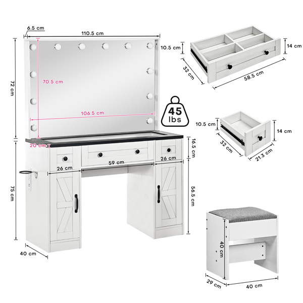 3 in 1 Schminktisch Steckdosen, Schminktisch mit Beleuchtung & Hocker, Schminktisch mit Glasplatte, Föhn Halterung, Vanity Table mit 3 Schubladen & 2 Schrank für Schlafzimmer, 110x147x40 cm