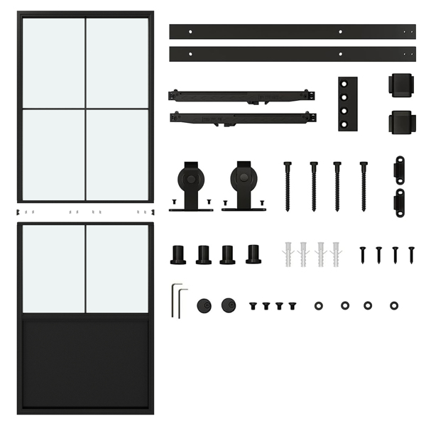 30 in.  x 84 in.     Glass Sliding Barn Door with  5FT Barn Door Hardware Kit & Soft Close Mechanism，Interior Clear Glass Black Steel Frame，Requires Simple DIY Assembly