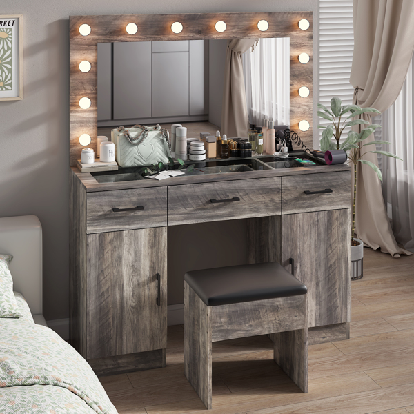 Vanity Desk Set with Large Lighted Mirror and Powre Outlet, Glass Top Makeup Vanity with 3 Drawers and 2 Cabinets, Vanity Table with 12 LED Lights, 3 Lighting Color Adjustable, Grey