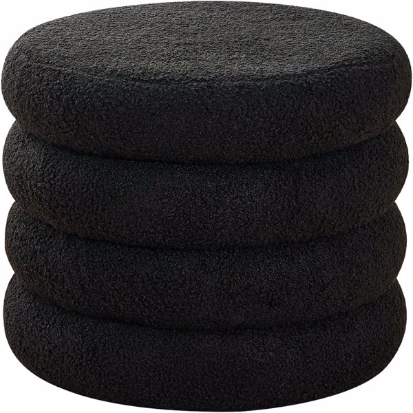 Round Storage Ottoman, Modern Sherpa Footstool, Teddy Vanity Stool with Flip-Top Tray, Makeup Chair for Home Decor, Upholstered Footrest for Living Room & Bedroom (Black)