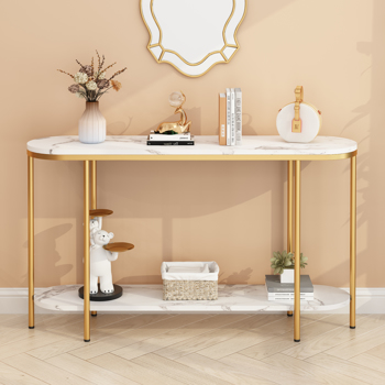 【Old Code：22504192】Console Table 2 Tier Narrow Entryway Table with Storage Shelves Faux Marble Narrow Table for Living Bedroom Hallway Office Easy Assembly, Gold & White