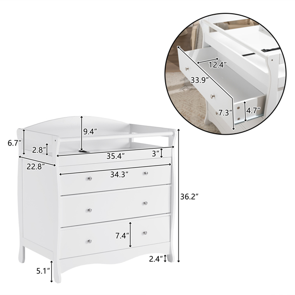 FCH 3-layer Drawer with Safety Belt White 90.5*58*92cm Wooden Bed Baby