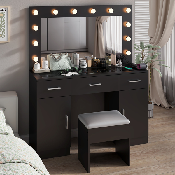 Vanity Desk Set with Large Lighted Mirror and Powre Outlet, Glass Top Makeup Vanity with 3 Drawers and 2 Cabinets, Vanity Table with 12 LED Lights, 3 Lighting Color Adjustable, Black