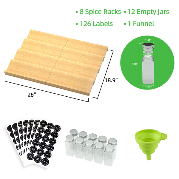 Bamboo spice rack drawer storage box, 10 spice storage cans organizer drawer rack plugin, 8-piece set, 126 labels, 1 funnel, drawer spice rack storage box, kitchen, L26 W18.9