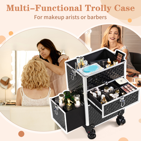 FCH 2-in-1 with LED 3-color Changing Light, USB Dual-Port Dual-wire, Slide Rail Front Drawer, Flat Left Drawer, Detachable Universal Wheel, Aluminum, Diamond Pattern, Black, Cosmetic Case 34*24*72