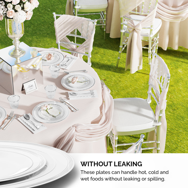 50 sets of flat plastic circular silver disposable tableware, including size plates, cups, knives, forks, tissues, straws