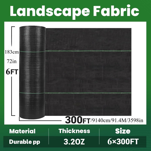 Weed Barrier Landscape Fabric Heavy Duty，Weed Block Gardening Ground Cover Mat, Weed Control Garden Cloth ，Woven Geotextile Fabric for Underlayment，Commercial Driveway Fabric-6FT*300FT(Roll up)