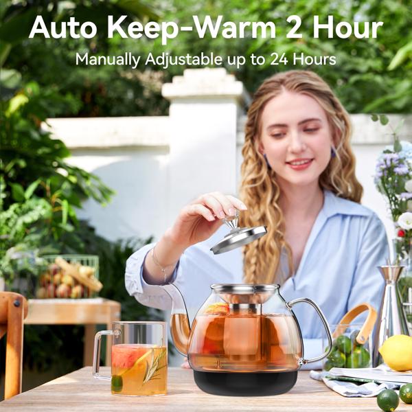 Compact Tea Maker Electric Glass Kettle，Dual Methods of Steaming and Brewing with Temperature and Timer Programs，Cordless 800W 0.8 Liters capacity for get your favorite teas.