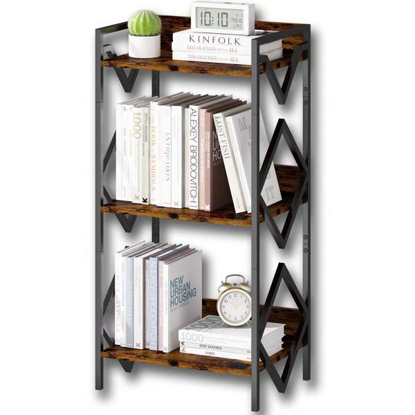 3 Tier Bookshelf For Small Space, Small Metal Bookshelf For Books, Organizers And Storage For Office, Living Room, Bedroom, Rustic Bookshelf, Table