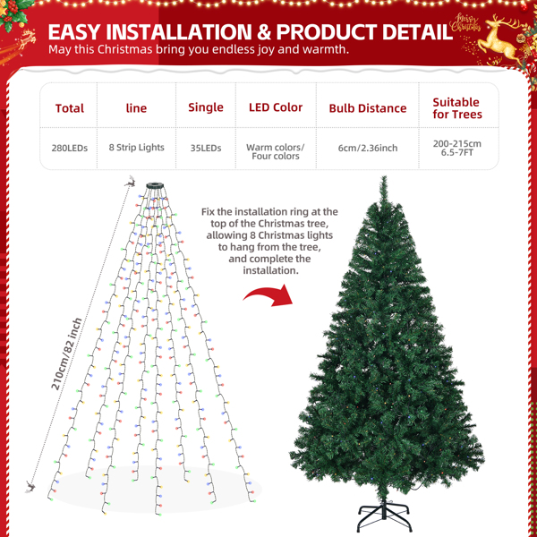 200cm Christmas Tree Lights with Ring, 280 LED Xmas String Lights with Warm White & Colorful Light, 11 Modes for Christmas Party Decorations