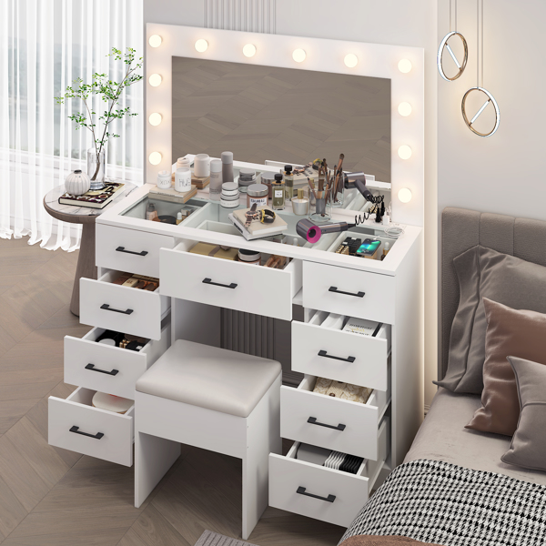 Vanity Desk Set with Large Lighted Mirror and Powre Outlet, Glass Top Makeup Vanity with 9 Drawers, Vanity Table with 12 LED Lights, 3 Lighting Color Adjustable, White