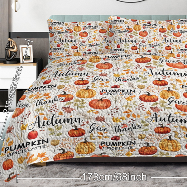 Pumpkin Autumn Leaves Design Quilt Set 3 Pieces King Size All Seasons Bedding Quilt Bed Set with 2 Pillowcases for Kids Teens Adults Bedroom Decor Thanksgiving