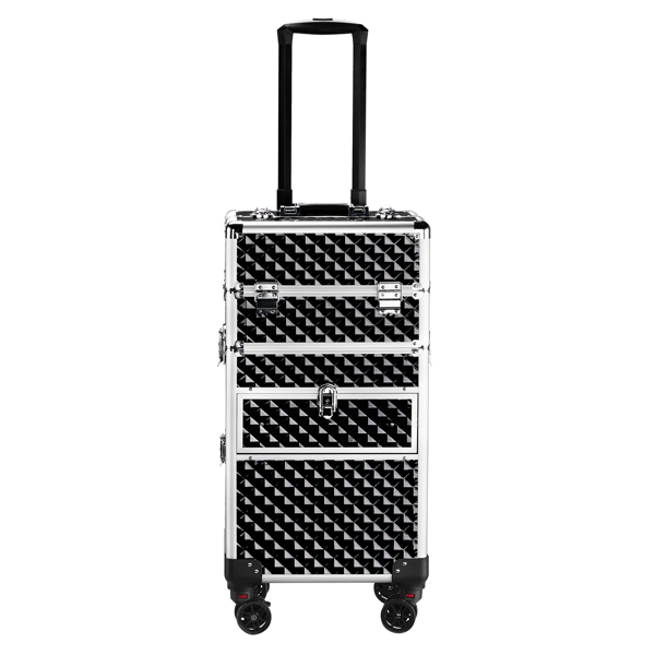  2-in-1 Front Drawer with Slide Rails, Flat Left Drawer, Detachable Universal Wheels, Aluminum, Diamond Pattern, Black, Cosmetic Case, 34*24*72.5cm