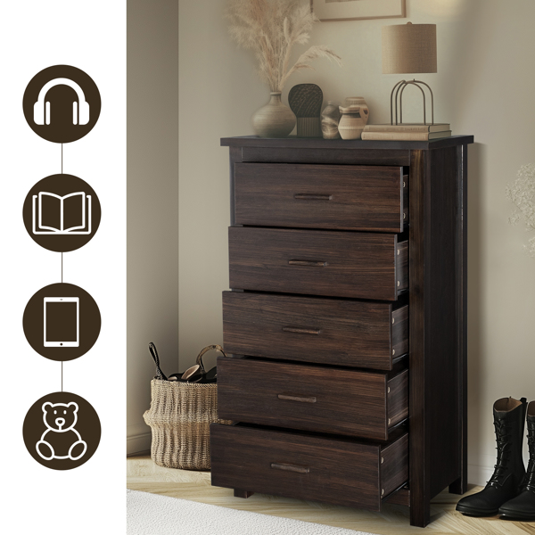 Brown MDF with Solid Wood Veneer 73*40*120cm Vertical 5-Drawer Chest of Drawers