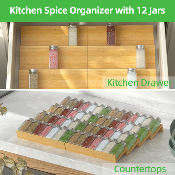 Bamboo spice rack drawer storage box, 10 spice storage cans organizer drawer rack plugin, 8-piece set, 126 labels, 1 funnel, drawer spice rack storage box, kitchen, L26 W18.9