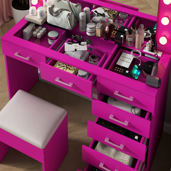 Vanity Desk Set with Large Lighted Mirror and Powre Outlet, Glass Top Makeup Vanity with 7 Drawers, Vanity Table with 12 LED Lights, 3 Lighting Color Adjustable, Pink