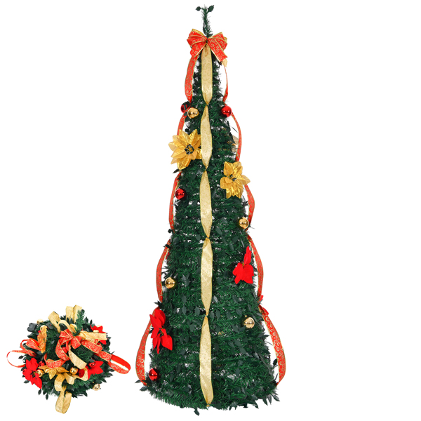 6 FT Fully Decorated Pre-lit Christmas Tree, Pop Up Artificial Xmas Tree with 80 Warm Lights Battery Operated and Red & Golden Ornaments for Home Office Store Holiday Deco